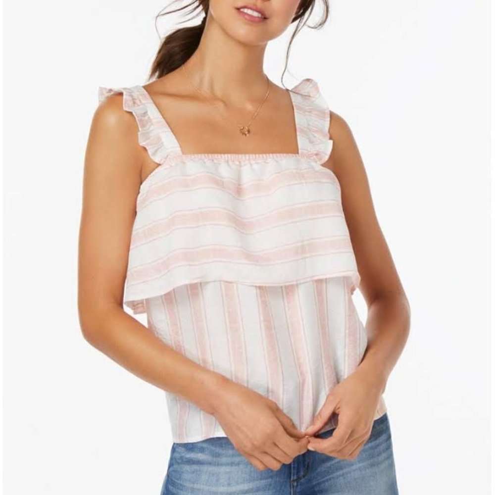 💜 Juniors' Striped Ruffle-Trimmed Tank Top